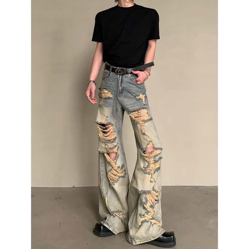 Linyiluck/Wasteland Vintage Washed Distressed Ripped Jeans for Men, Street Style Loose Fit Niche Design Beggar Pants Linyiluck/Wasteland Vintage Washed Distressed Ripped Jeans for Men, Street Style Loose Fit Niche Design Beggar Pants
