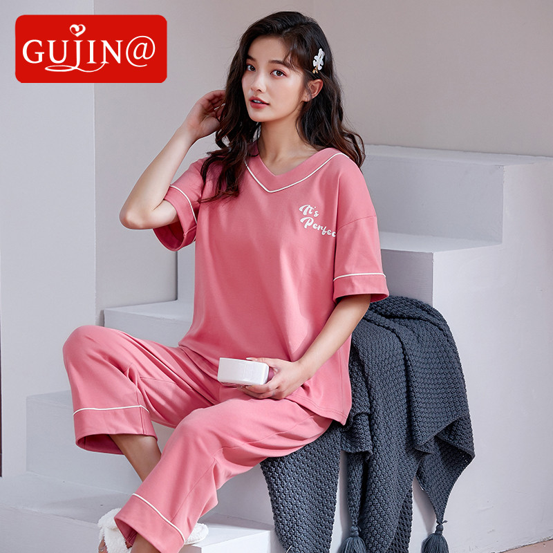 Gujin@Pajamas summer thin section short-sleeved cropped pants loose large size can be worn outside cotton home service ladies suit
