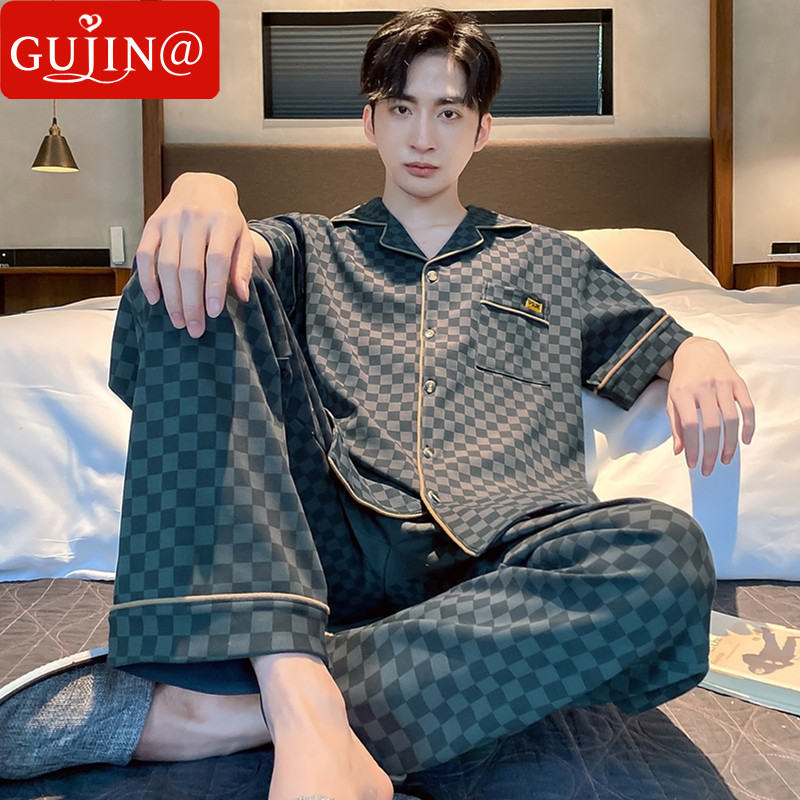 Gujin@Pajamas men's summer cotton cardigan short-sleeved trousers can be worn outside all-cotton men's plus-size home service suit