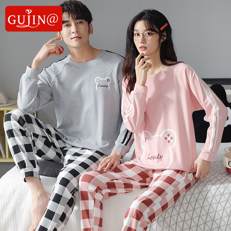 Gujin@couple pajamas women's spring and autumn pure cotton long-sleeved one man and one woman high-end autumn and winter home service suits