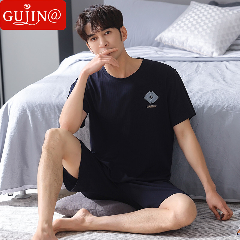 Gujin@summer pajamas men's short-sleeved shorts ice silk thin section summer youth large size loose home service suit