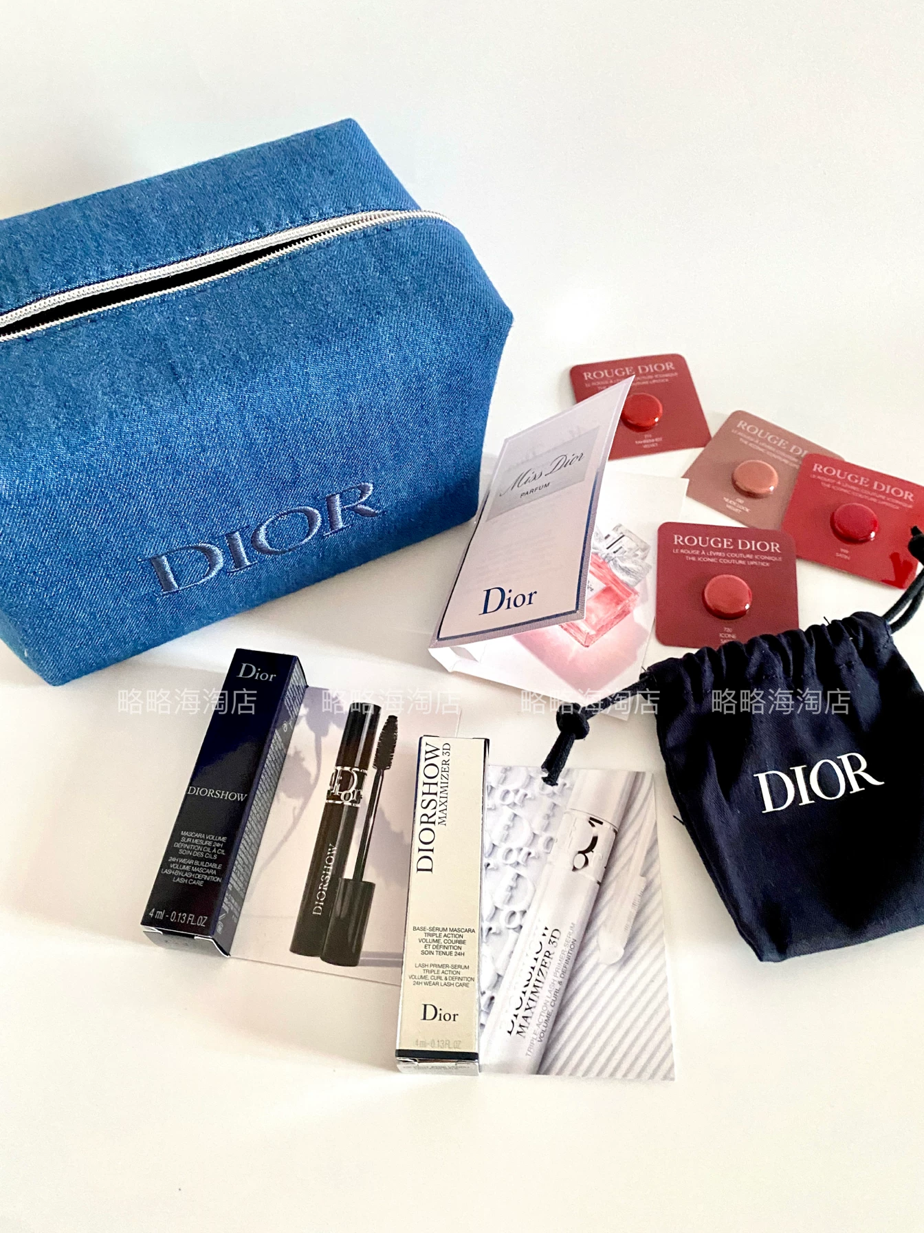 Dior, косметичка из денима, набор, помада, тушь, духи, средний пробник
