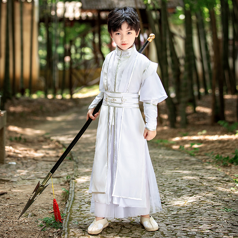 Hanfu for Boys, Ancient Costume of the Martial God Zhao Zilong, White Robe of General Zhao Yun, Martial Arts Performance Costume, Spring Children's Tang Suit New Style