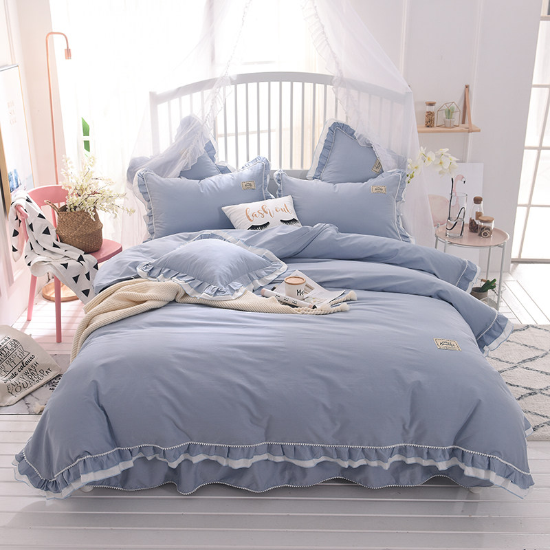 Full cotton European-style bed skirt four pieces of pure cotton bed cover minimalist pure color lotus leaf lace with princess wind bed supplies