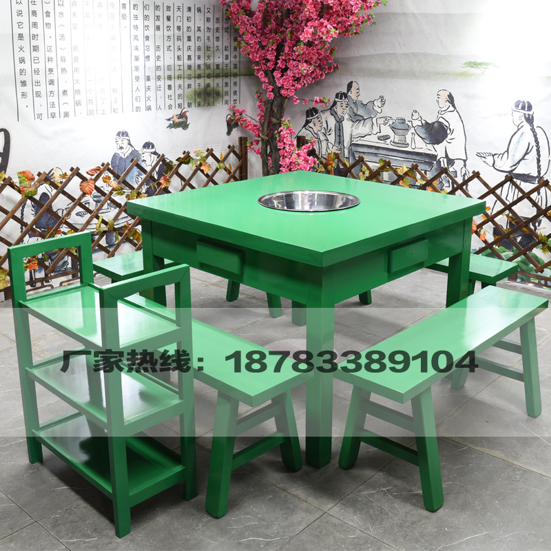 Solid wood hotpot table and chairs combined with spicy hot pot round table and chairs kit dining table and chairs Burning coal gas c1-Taobao