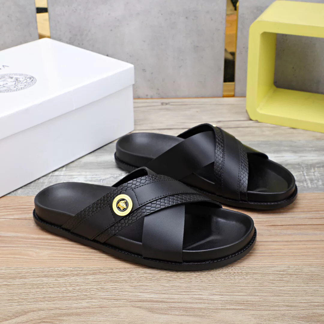 Versace, modern black summer sandals, simple and elegant design