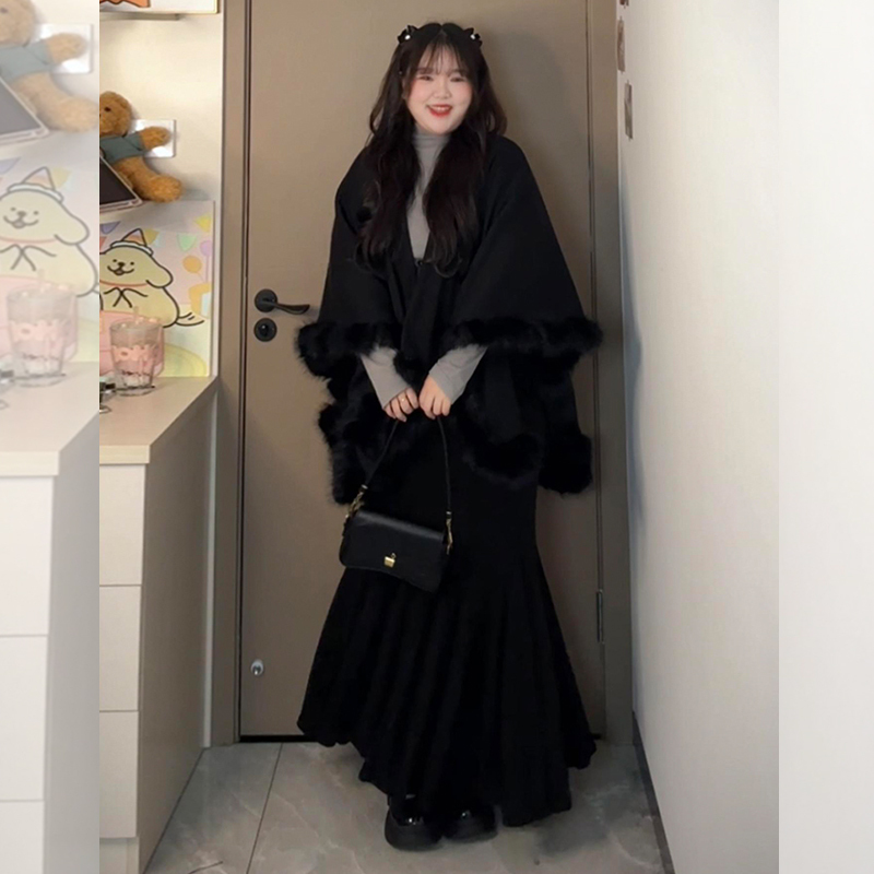 Plus Size Fat Girl's Slimming Outfit Set for Women in Autumn and Winter, Plus Size Women's Clothing, Elegant Shawl Fishtail Skirt, Half Skirt Three-Piece Set Plus Size Fat Girl's Slimming Outfit Set for Women in Autumn and Winter, Plus Size Women's Clothing, Elegant Shawl Fishtail Skirt, Half Skirt Three-Piece Set