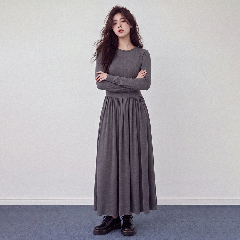 Plus Size Dark Gray Long-Sleeved Dress for Women, Autumn and Winter Plus Size Women's Clothing, Slightly Chubby Long Dress, Slimming Base Dress