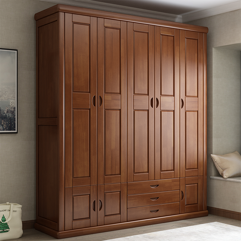 Shunjan wood rhyming full solid wood wardrobe Bedroom Home flat door open four doors Five doors assembled to contain the big closet-Taobao