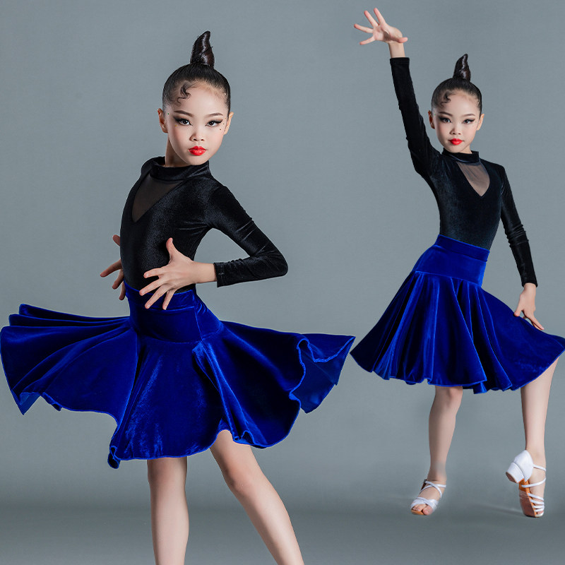 Latin dance practice Costume Girl Velvet Autumn Winter Style Long Sleeve Two-piece Toddler Latin Dance Dress Rehearsal