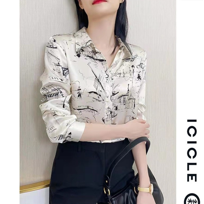 Xiaohe Zhihe 2022 spring, summer and autumn new loose all-match shirt heavy silk printed mulberry silk top