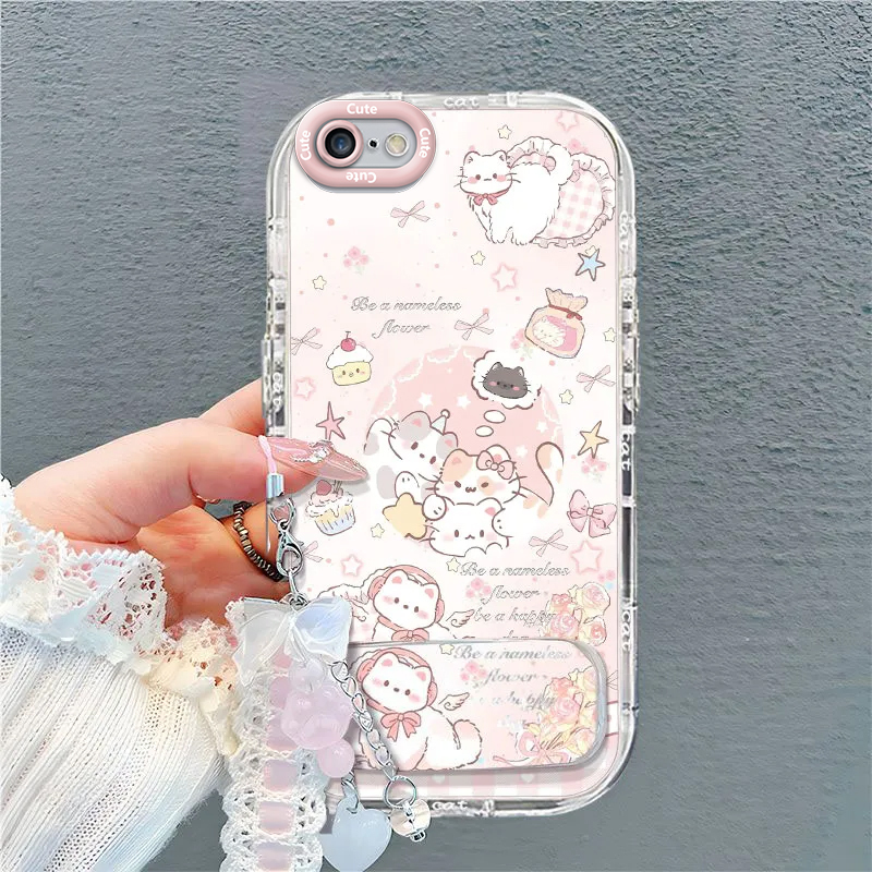 Suitable for Apple 6 Phone Case iPhone 6S Protective Cover I6 New Cat Pattern with Stand Bracelet Case Ip6 Small iPhone Six A1586 Silicone A1700 Full Protection Anti-Drop Soft Case for Girls