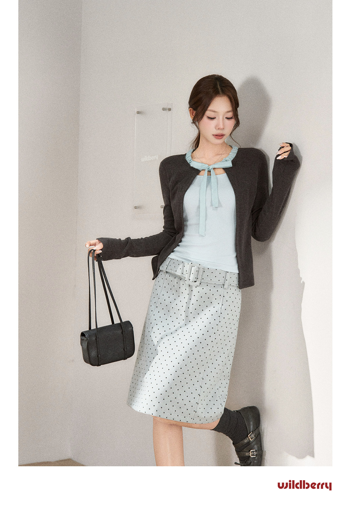 Wildberry Polka Dot Belted A-Line Midi Skirt