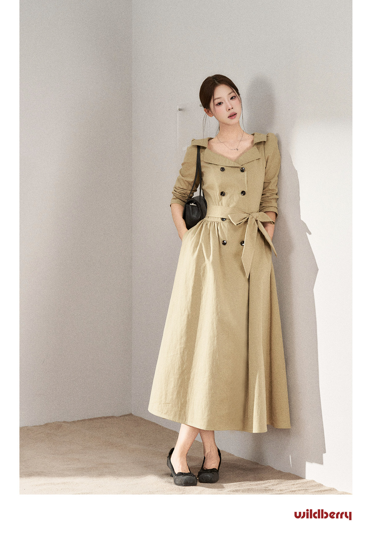 Wildberry Khaki Trench-Style Belted Midi Dress