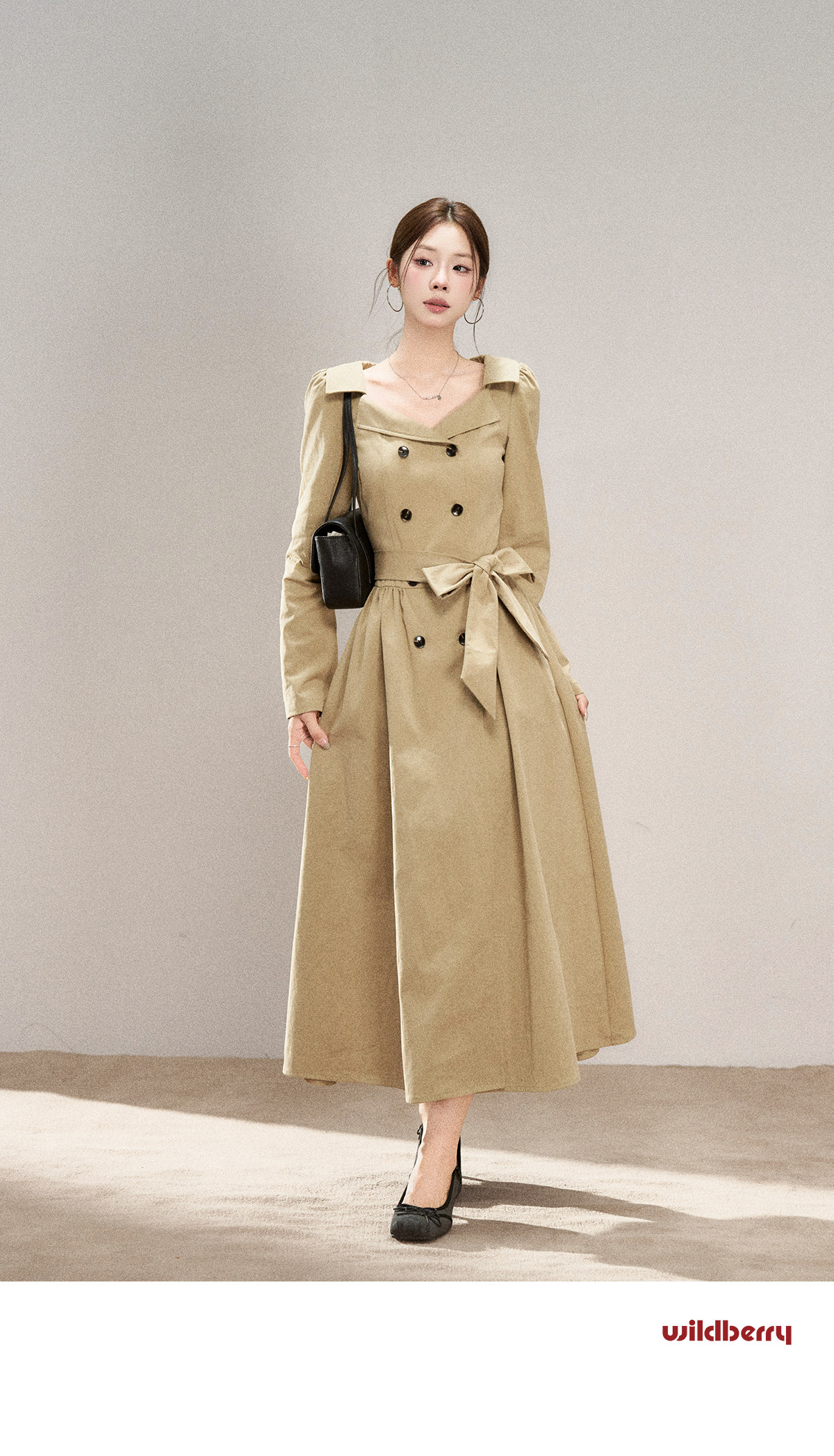 Wildberry Khaki Trench-Style Belted Midi Dress