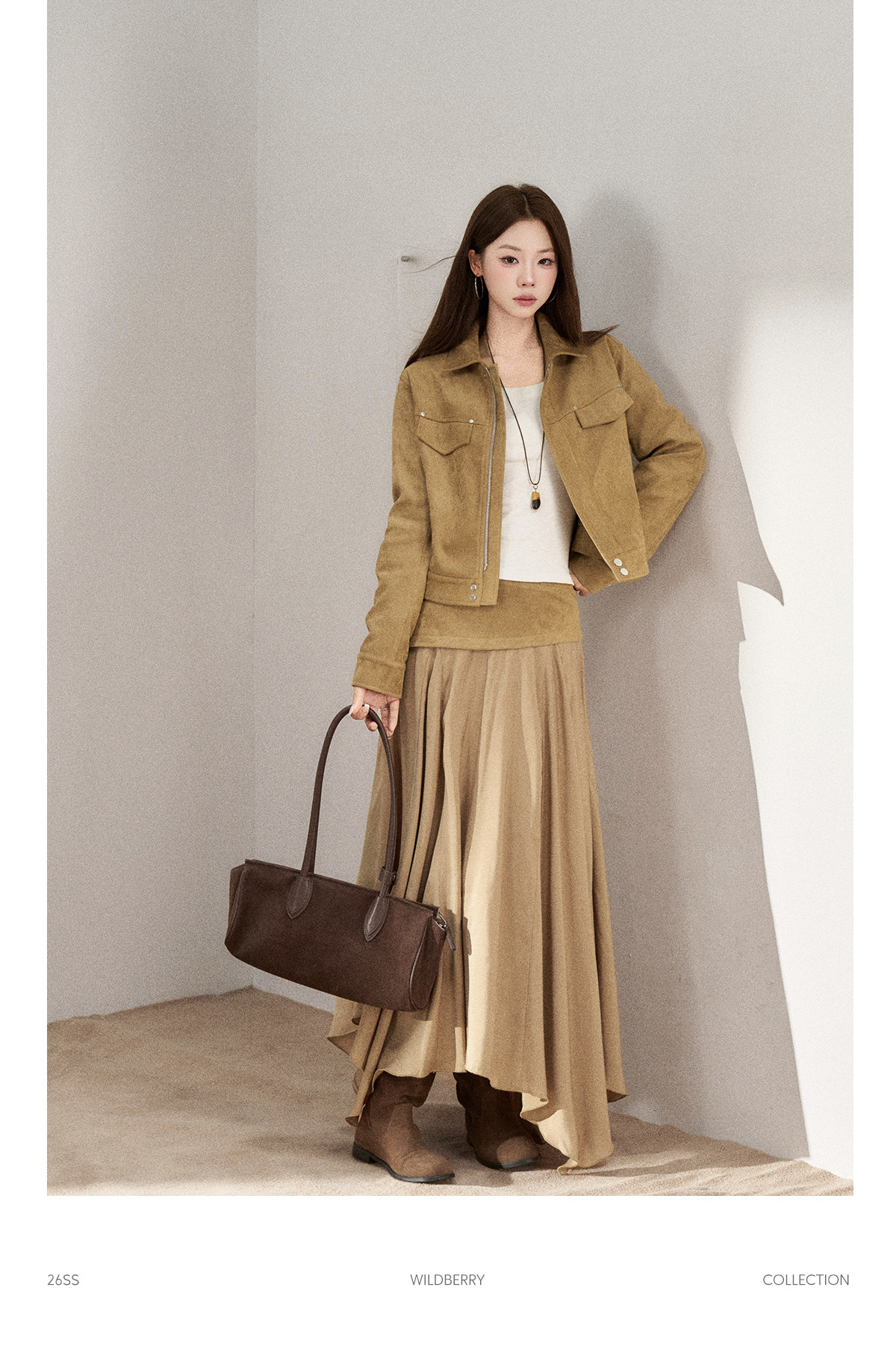 Wildberry Khaki Asymmetrical High-Waist Midi Skirt