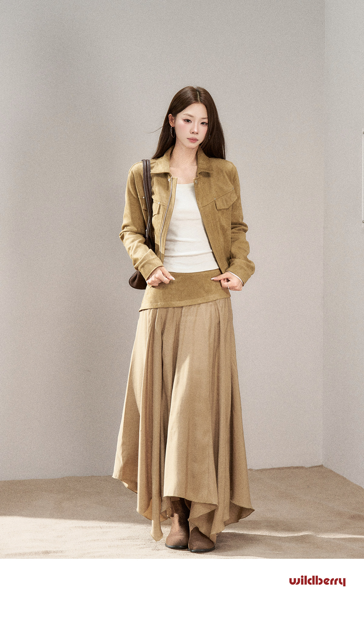 Wildberry Khaki Asymmetrical High-Waist Midi Skirt