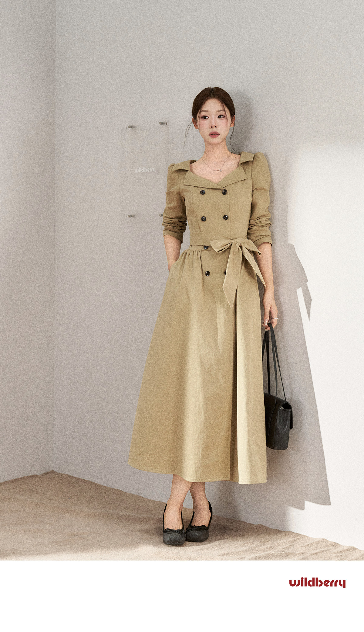 Wildberry Khaki Trench-Style Belted Midi Dress