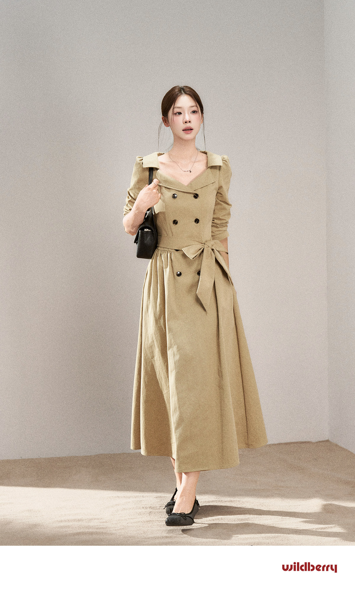 Wildberry Khaki Trench-Style Belted Midi Dress