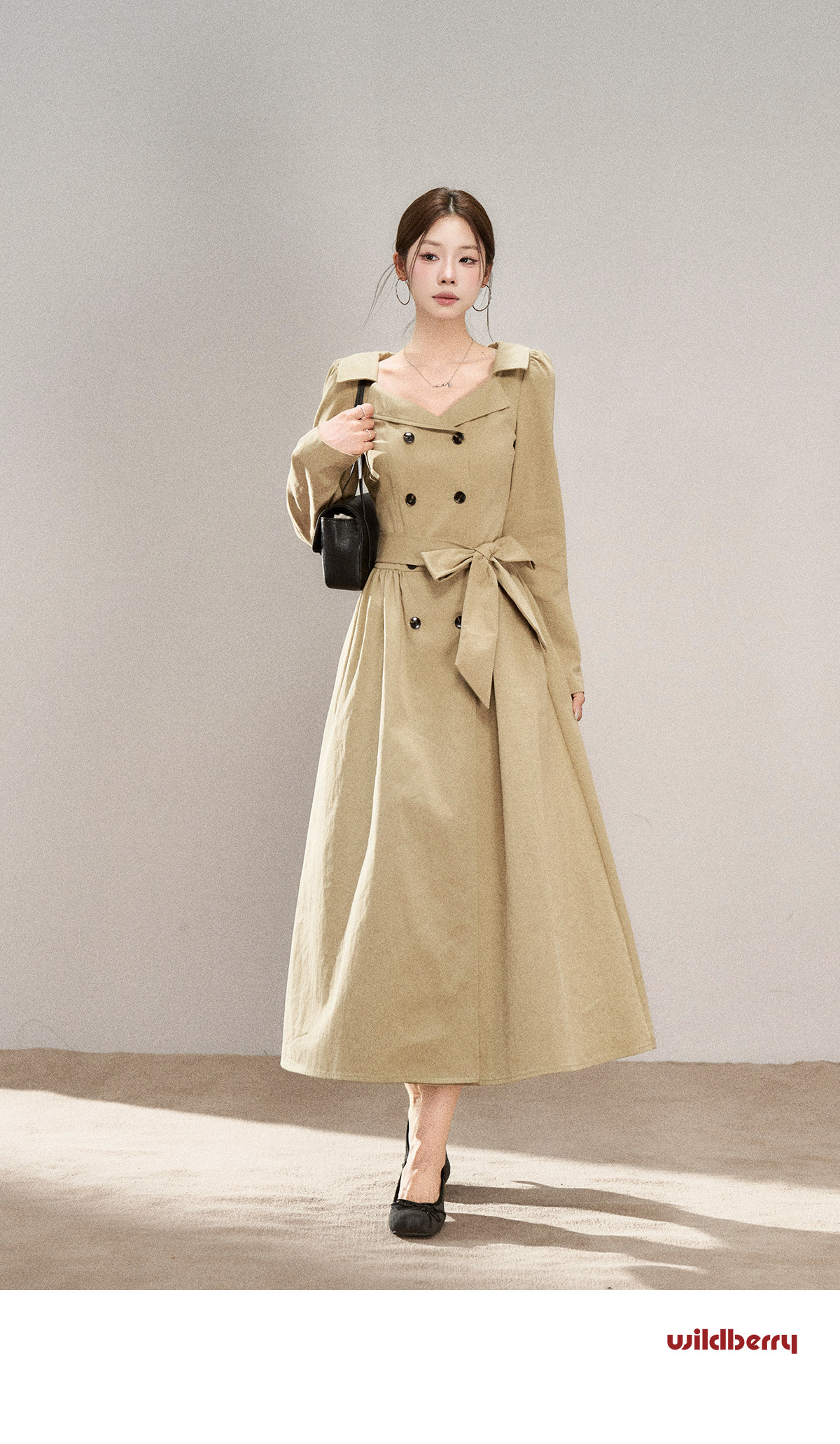 Wildberry Khaki Trench-Style Belted Midi Dress