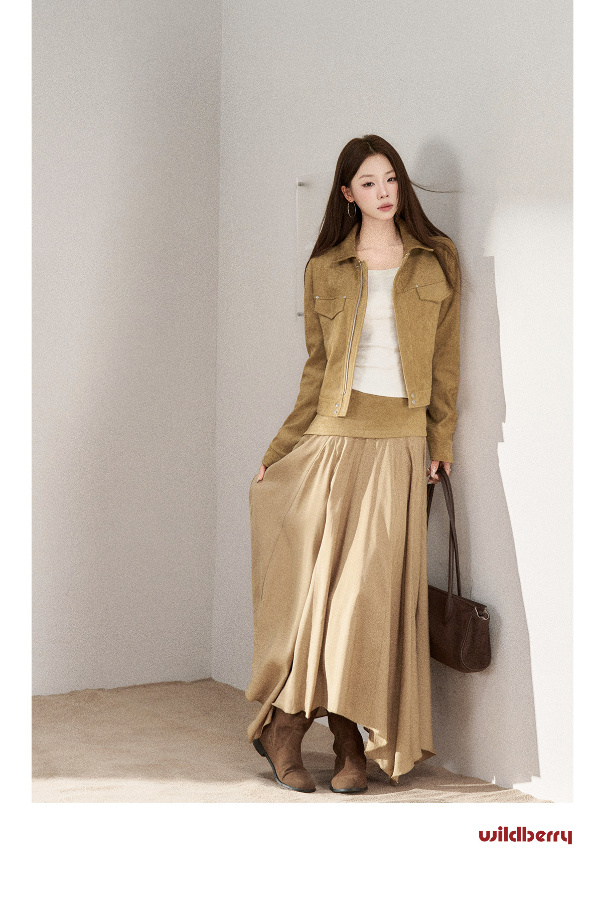 Wildberry Khaki Asymmetrical High-Waist Midi Skirt
