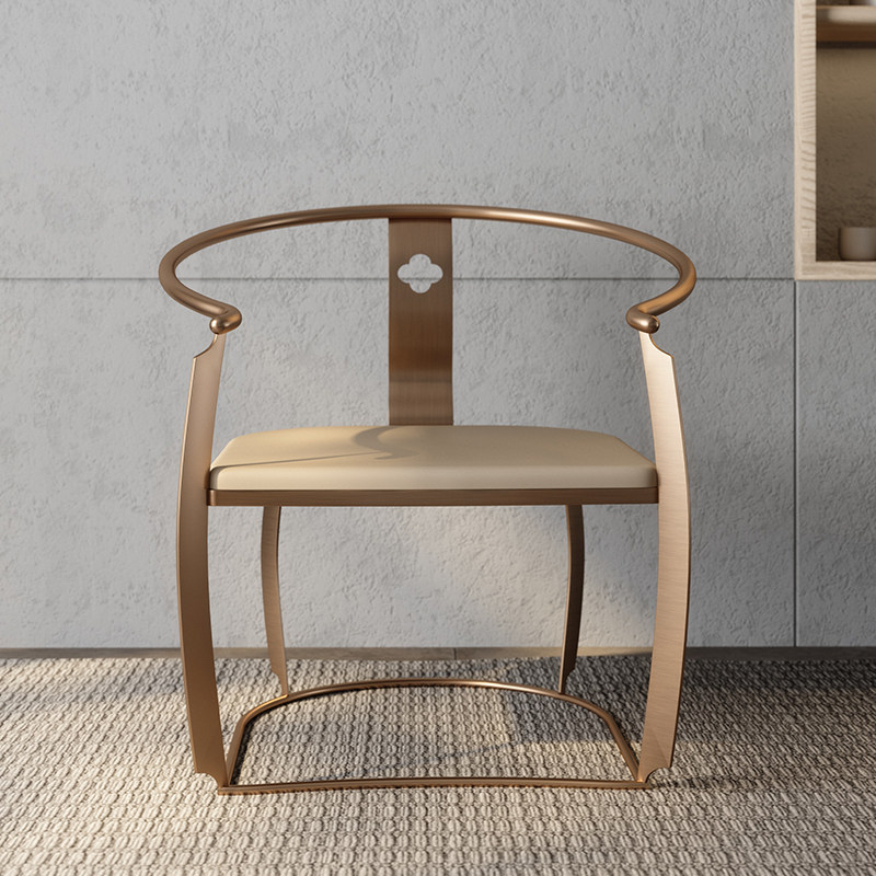 New Chinese Circle Chair Modern Minima Tea Room Casual Balcony Stainless Steel Backrest Round Chair Genuine Leather Light Lavish Master Chair