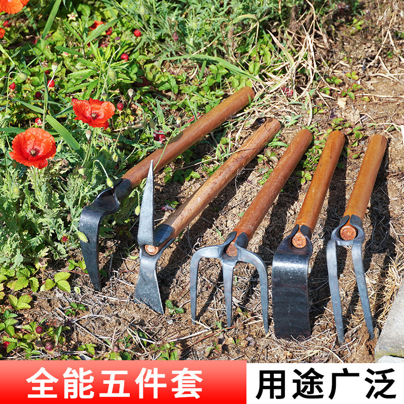 Small hoe wood handle forged and home dug ground seed Vegetable Weeding Garden Art Tools Versatile agricultural turnover rake pickaxe head