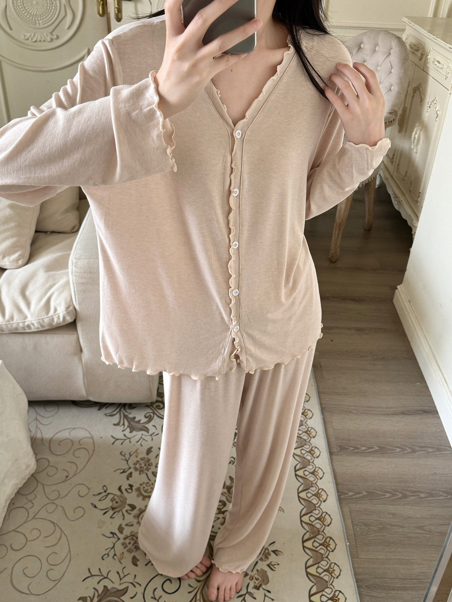 The Drape Set – Women's Modal V-Neck Pajamas, Ruffle-Trim Pullover, Effortless Spring & Fall Lounge Wear