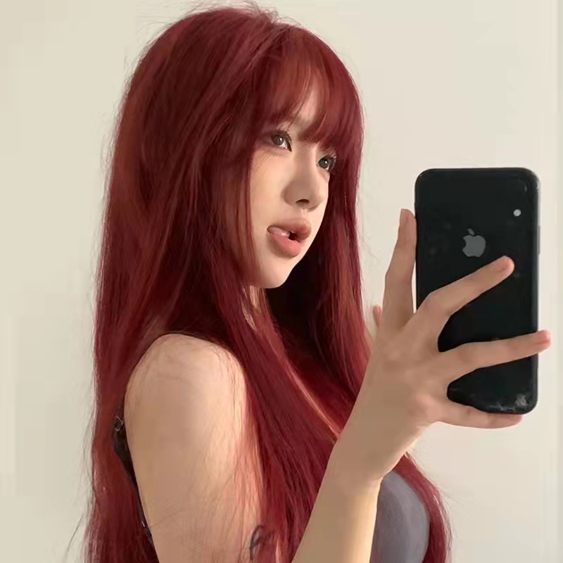 Wig for Women with Long Hair, Air Bangs, Makes Skin Look Fairer, Long Straight Hair, Lolita Style, Natural Realistic Burgundy Full Wig