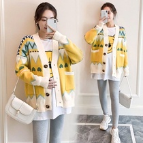 Pregnant womens coat spring autumn dress belly wear thin womens outer top womens third trimester knitted cardigan outer set