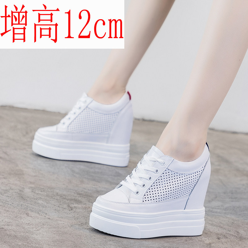 Spring and summer new inner heightening women's shoes ultra-high heel wedge heel hole hollow breathable leather light white shoes 12cm