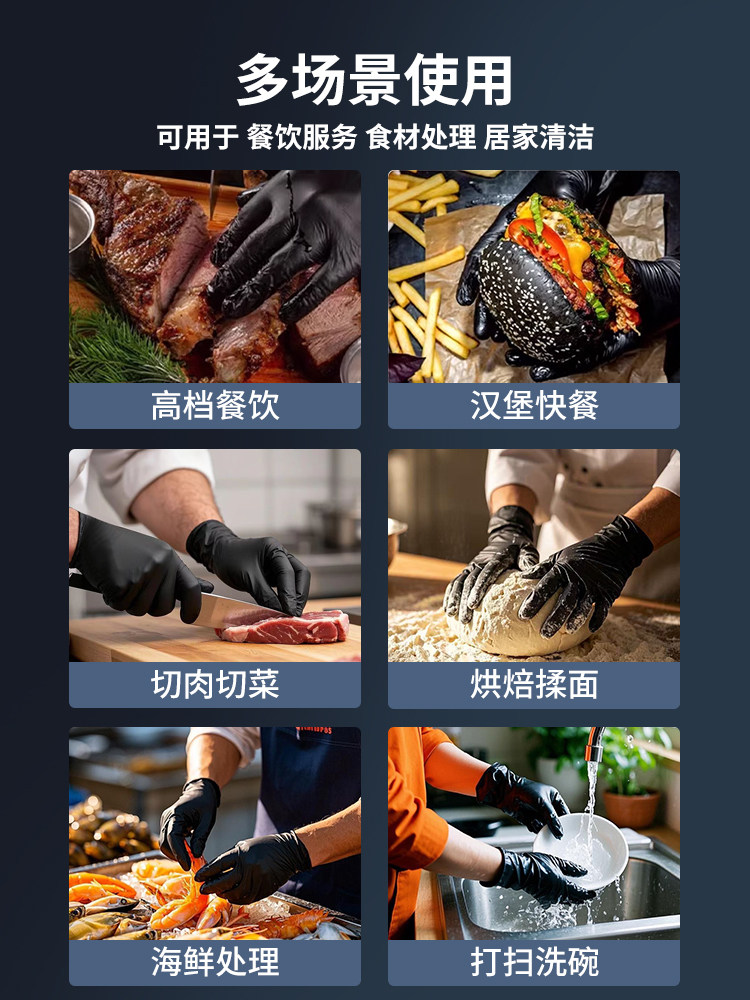 Gloves for Catering, Chef's Kitchen, Cooking, Disposable, Food-Grade Latex, Black, Commercial, Thickened for Cutting Meat