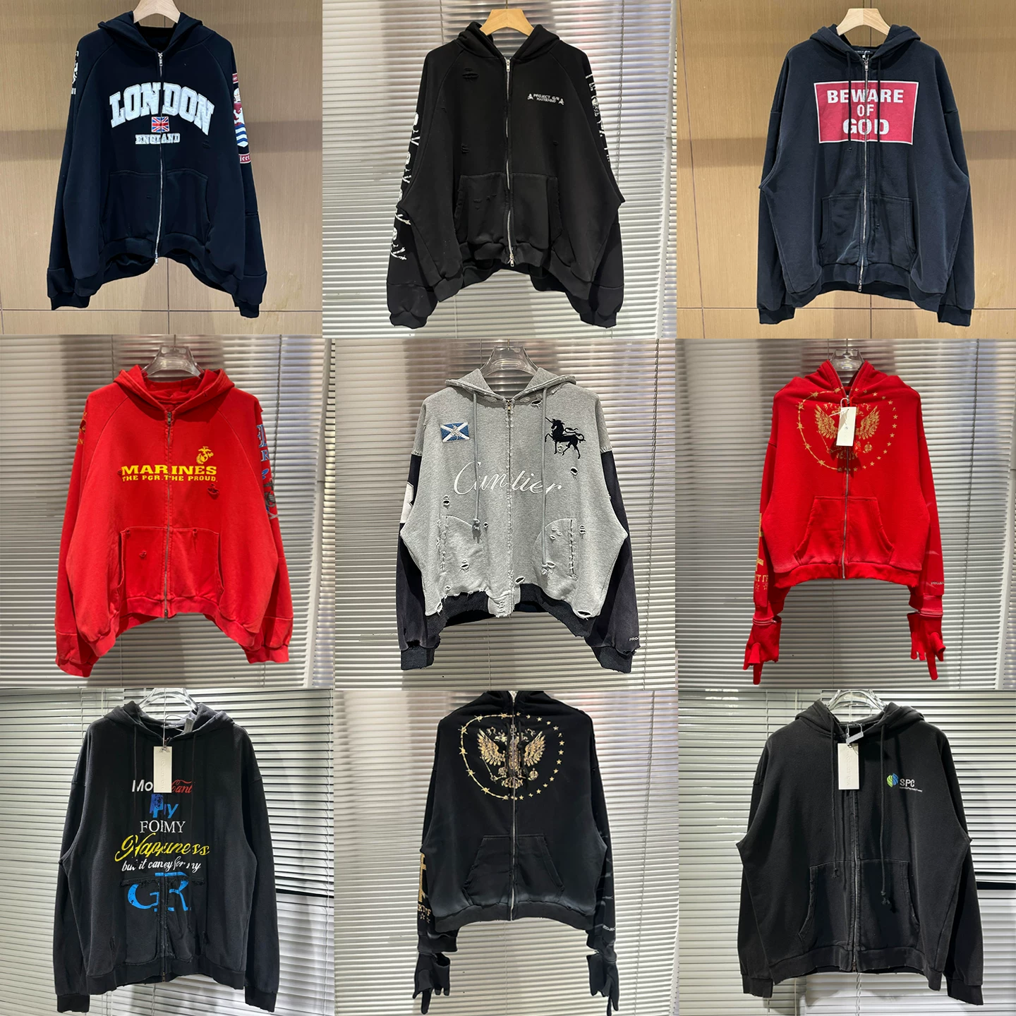 Худи-кофта с капюшоном на молнии Grailz Project G/R Niche Trendy Brand Washing and Destruction Slogan