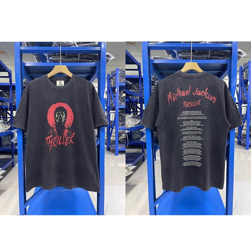 Short-Sleeved 2025 New Thriller Jackson Print Washed Vintage Loose T-Shirt Trendy ins Niche Half-Sleeve Summer