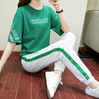 崇森玖2021夏季休闲棉质吸汗套装百搭透气运动两件女亲肤T恤长裤