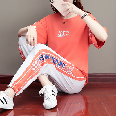 崇森玖2021春夏棉氨休闲套装吸汗透气亲肤两件套短袖长裤运动套装
