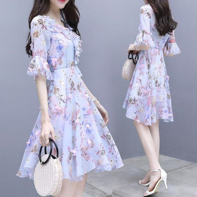 2021夏季新款时尚裙韩版时尚显瘦中长款V领雪纺碎花连衣裙女超仙