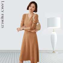 Langzi womens clothing 2022 autumn and winter counters new V-neck cashmere over-the-knee A-line skirt knitted bottoming dress
