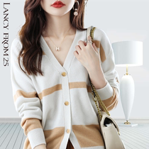 Longzi womens clothing 2022 early autumn domestic new striped wool cardigan color matching knitted sweater jacket top