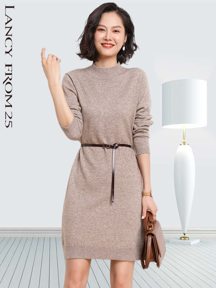 Langzi counter women's clothing 2022 autumn and winter new half-high collar cashmere slit slimming knitted bottoming dress