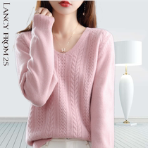 Langzi womens clothing 2022 autumn and winter counter V-neck pure wool sweater hollow loose and lazy knitted bottoming shirt