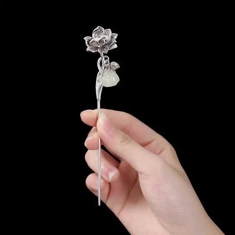 Plate hair accessories exquisite high-grade s925 silver ethnic style hairpin retro old lotus lotus pouf sterling silver hairpin