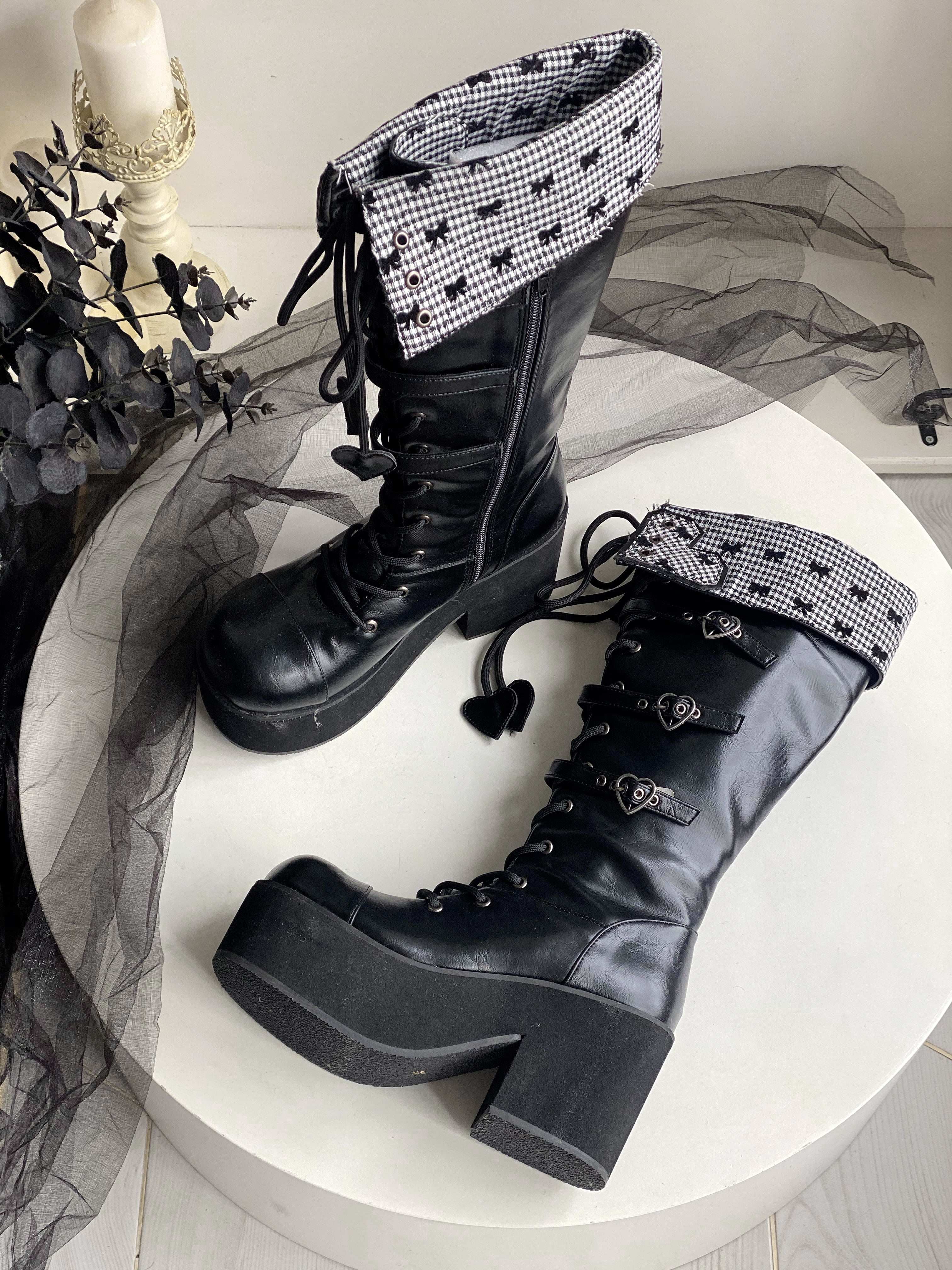 Обувь 定金|焦糖可可二团|白茶入梦原创蝴蝶结甜美高帮靴厚底圆头中长靴