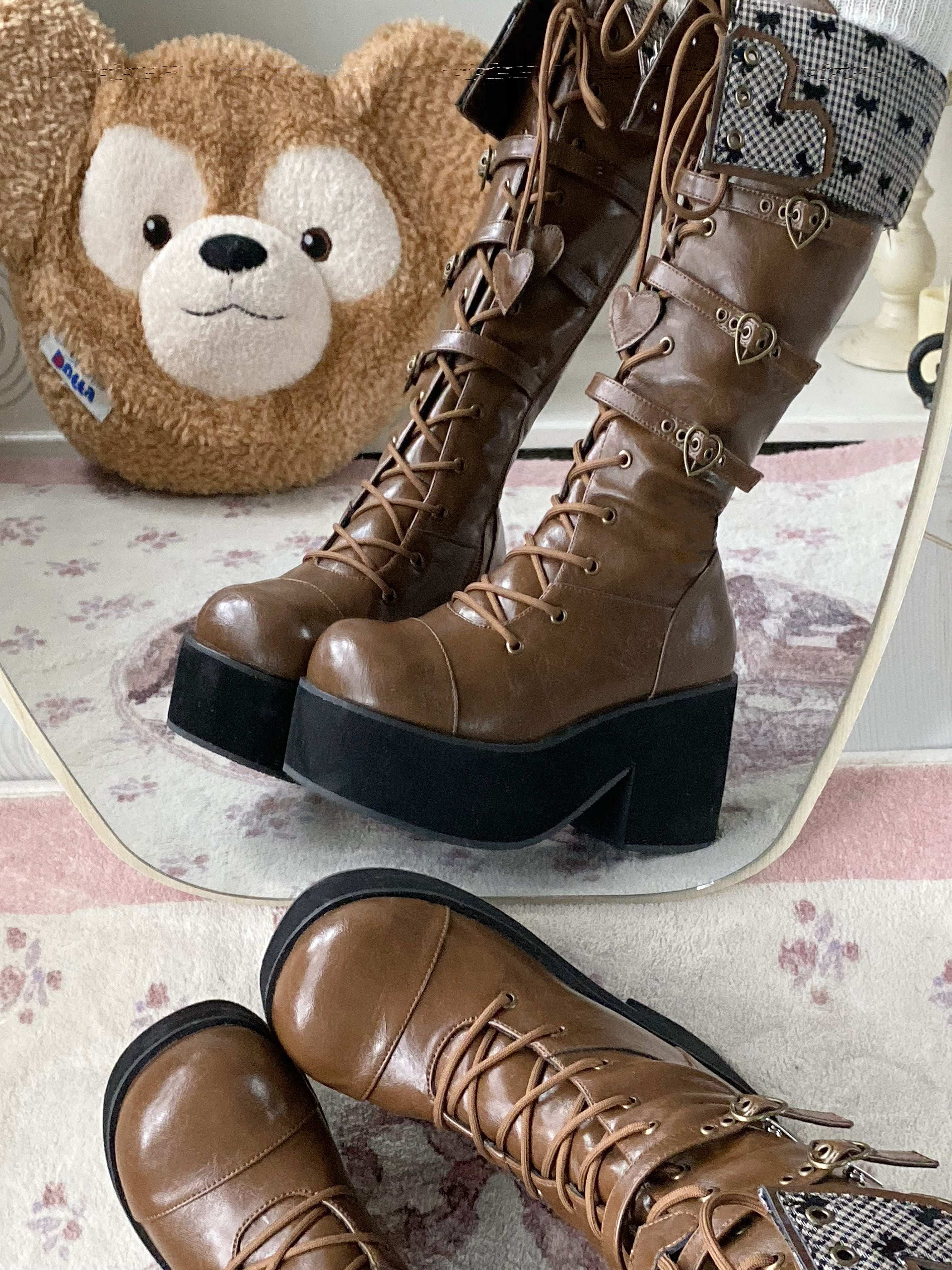 Обувь 定金|焦糖可可二团|白茶入梦原创蝴蝶结甜美高帮靴厚底圆头中长靴