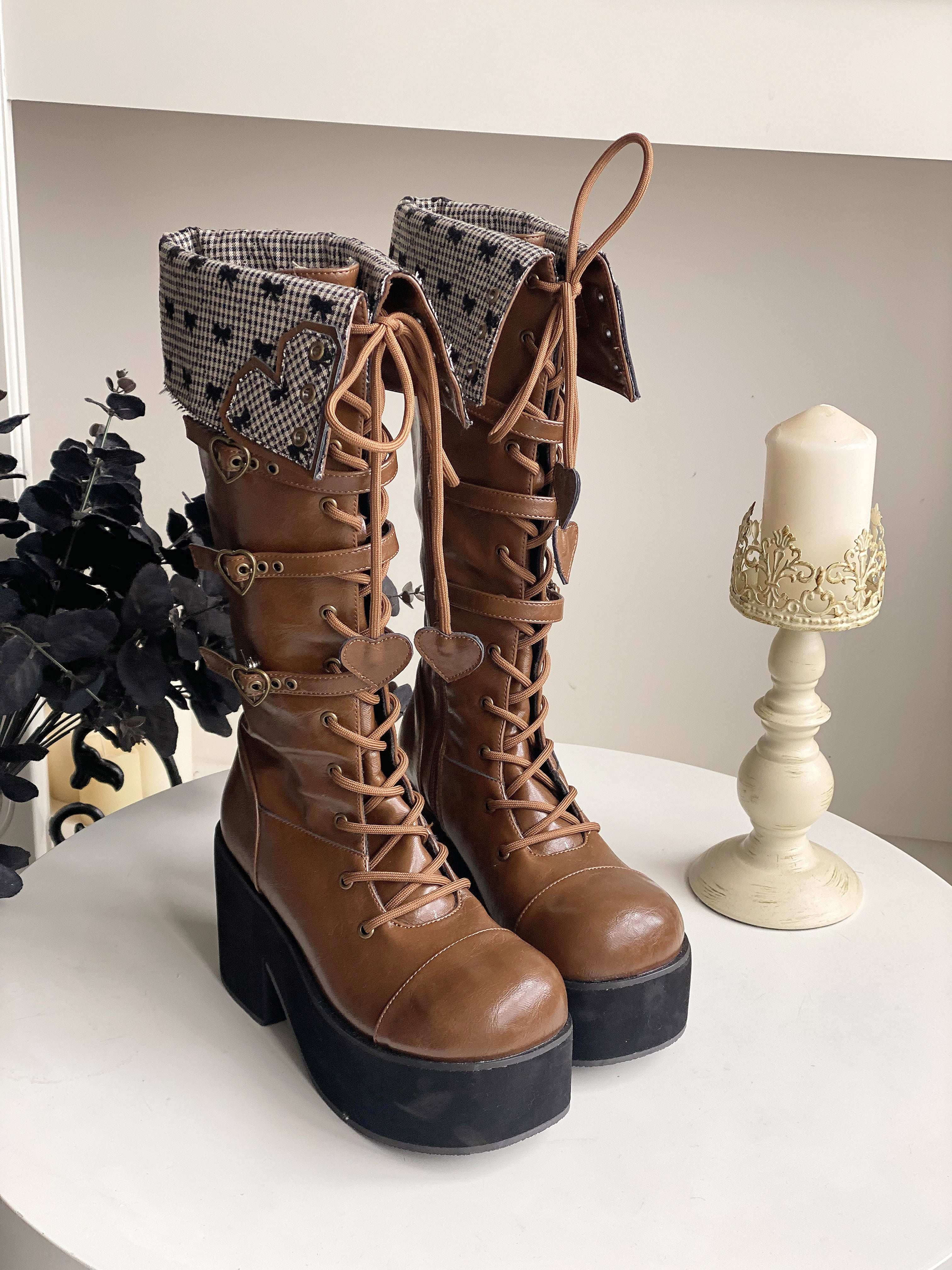 Обувь 定金|焦糖可可二团|白茶入梦原创蝴蝶结甜美高帮靴厚底圆头中长靴