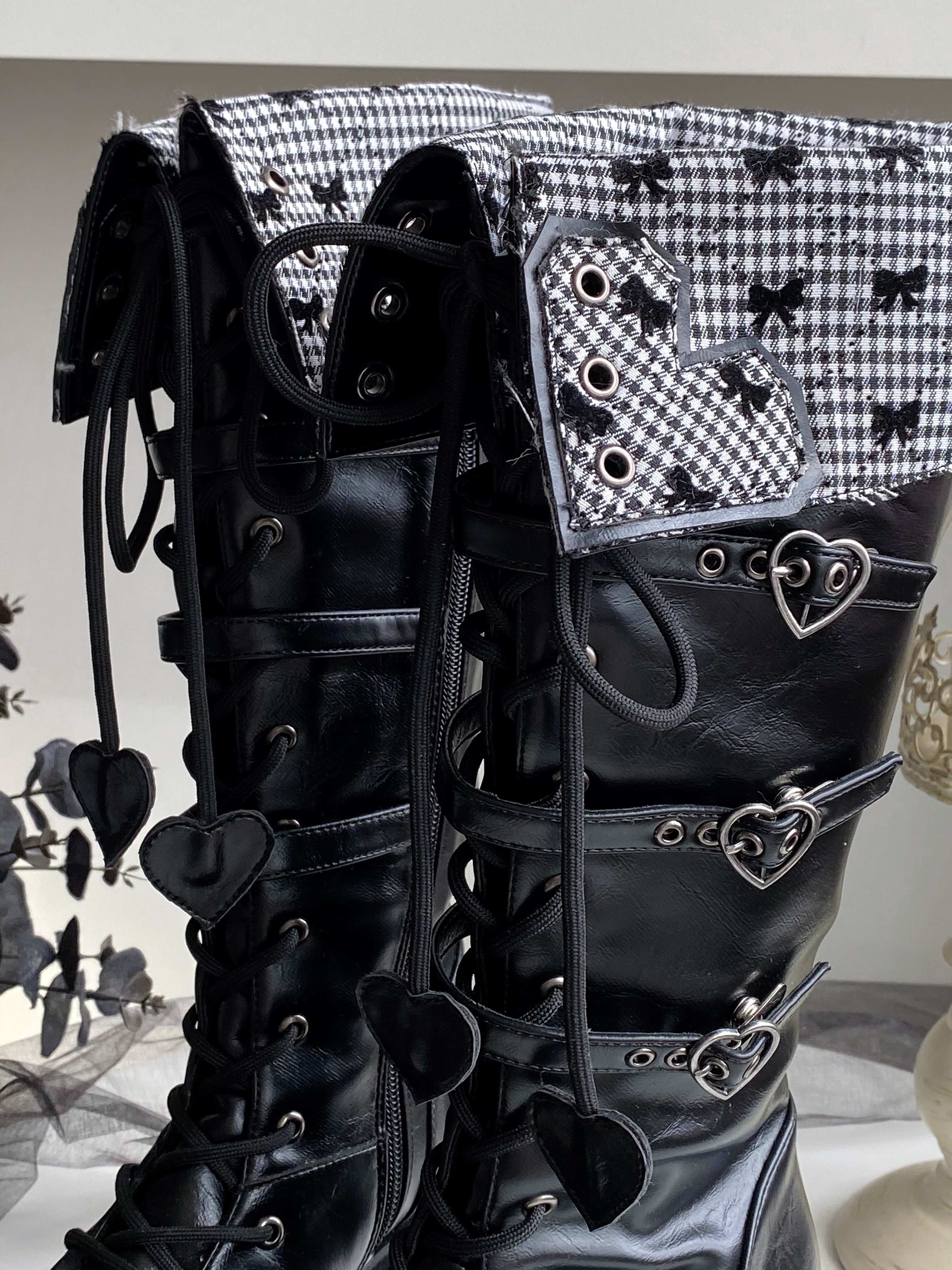 Обувь 定金|焦糖可可二团|白茶入梦原创蝴蝶结甜美高帮靴厚底圆头中长靴