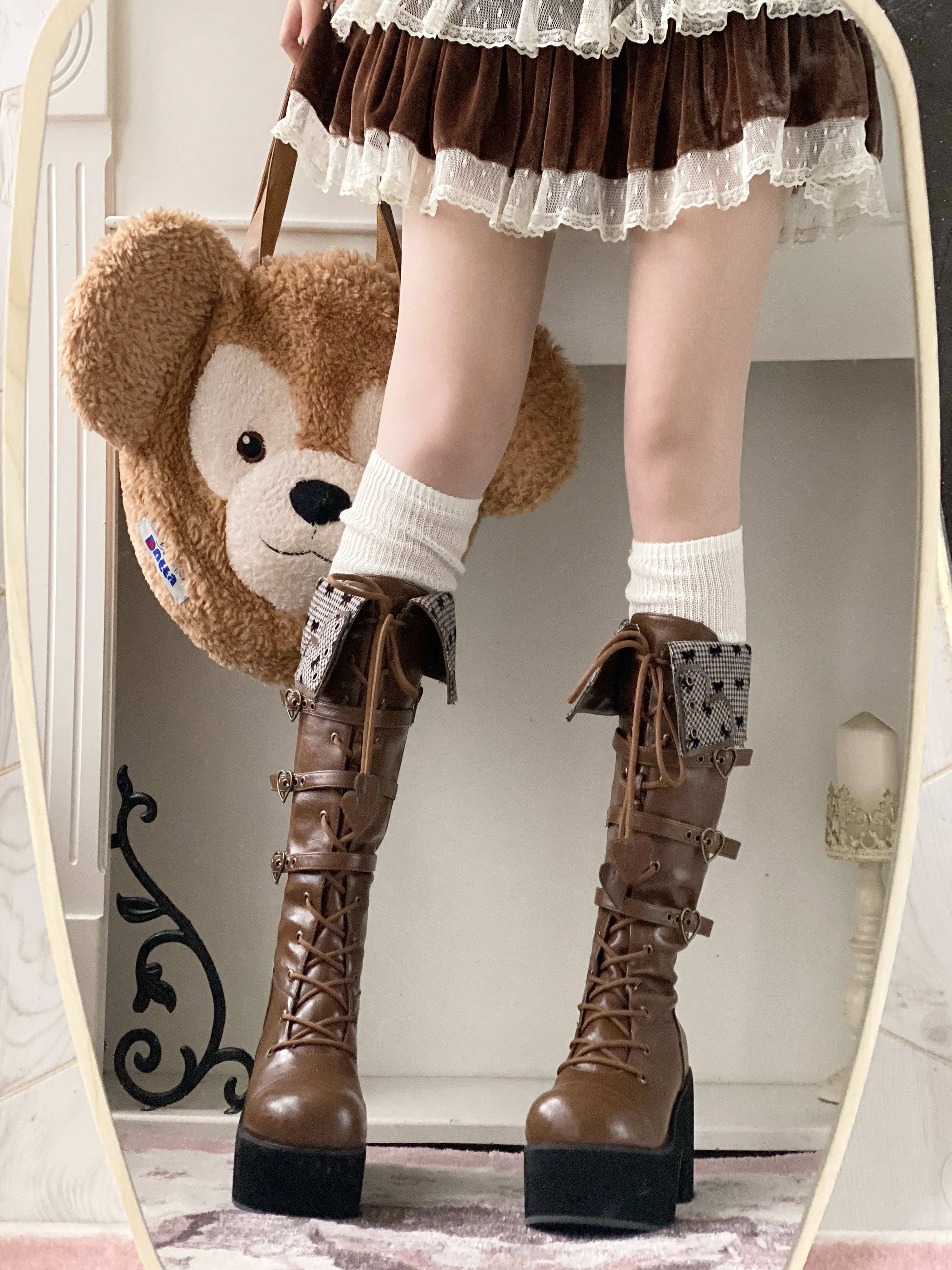 Обувь 定金|焦糖可可二团|白茶入梦原创蝴蝶结甜美高帮靴厚底圆头中长靴