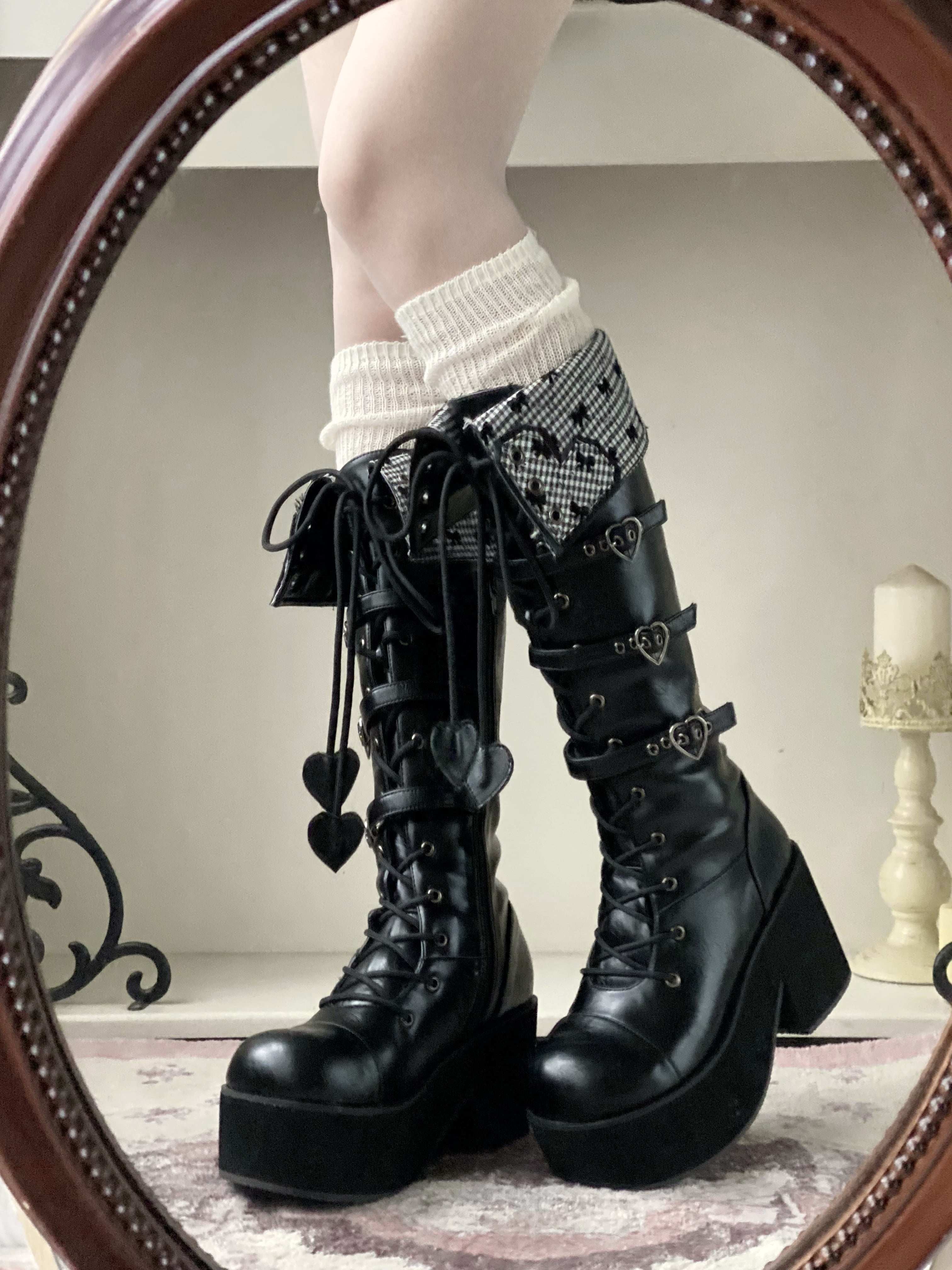 Обувь 定金|焦糖可可二团|白茶入梦原创蝴蝶结甜美高帮靴厚底圆头中长靴