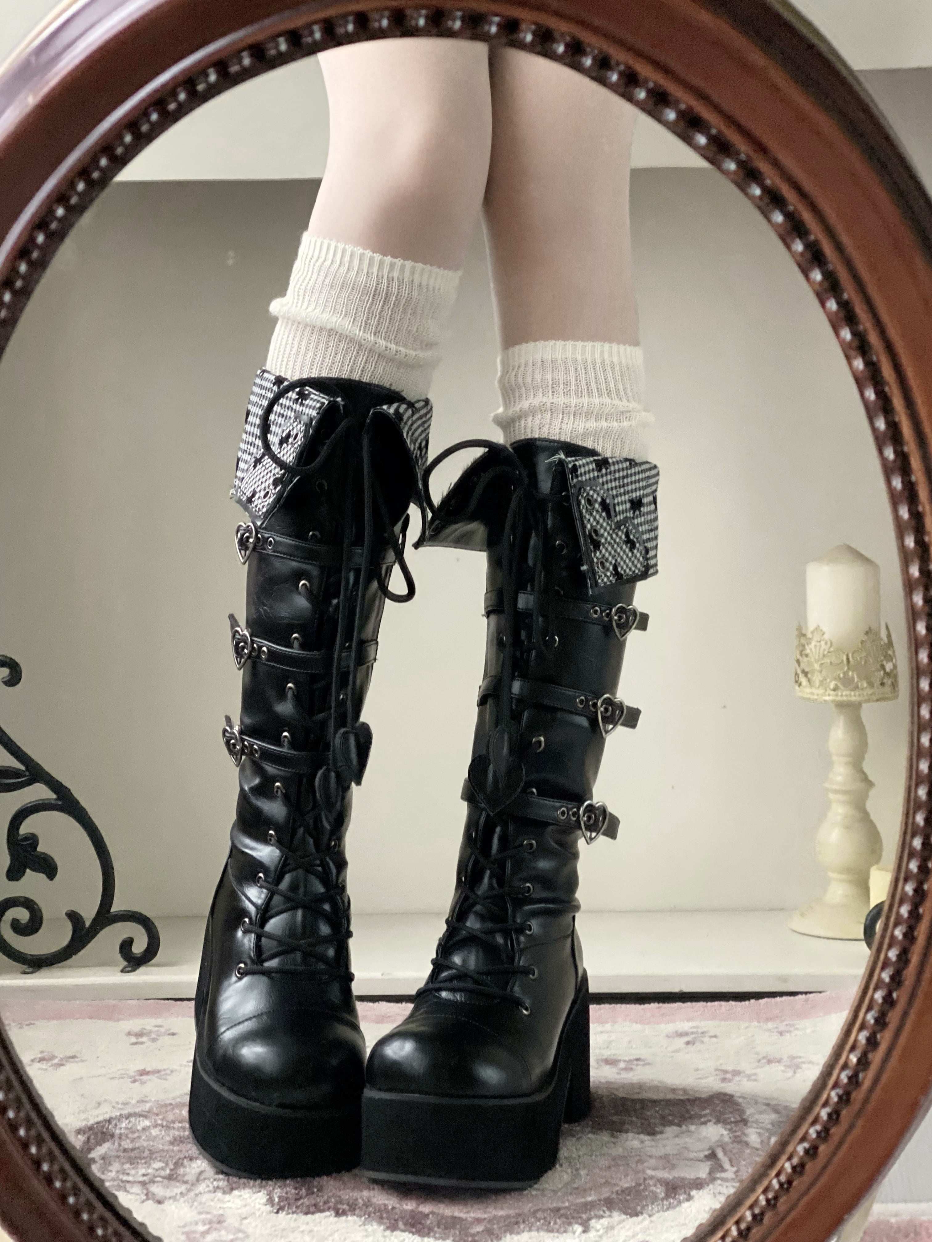 Обувь 定金|焦糖可可二团|白茶入梦原创蝴蝶结甜美高帮靴厚底圆头中长靴