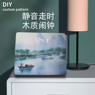 ins creative alarm clock students with DIY landscape painting electronic clock children Boy bedroom bedside wooden clock New